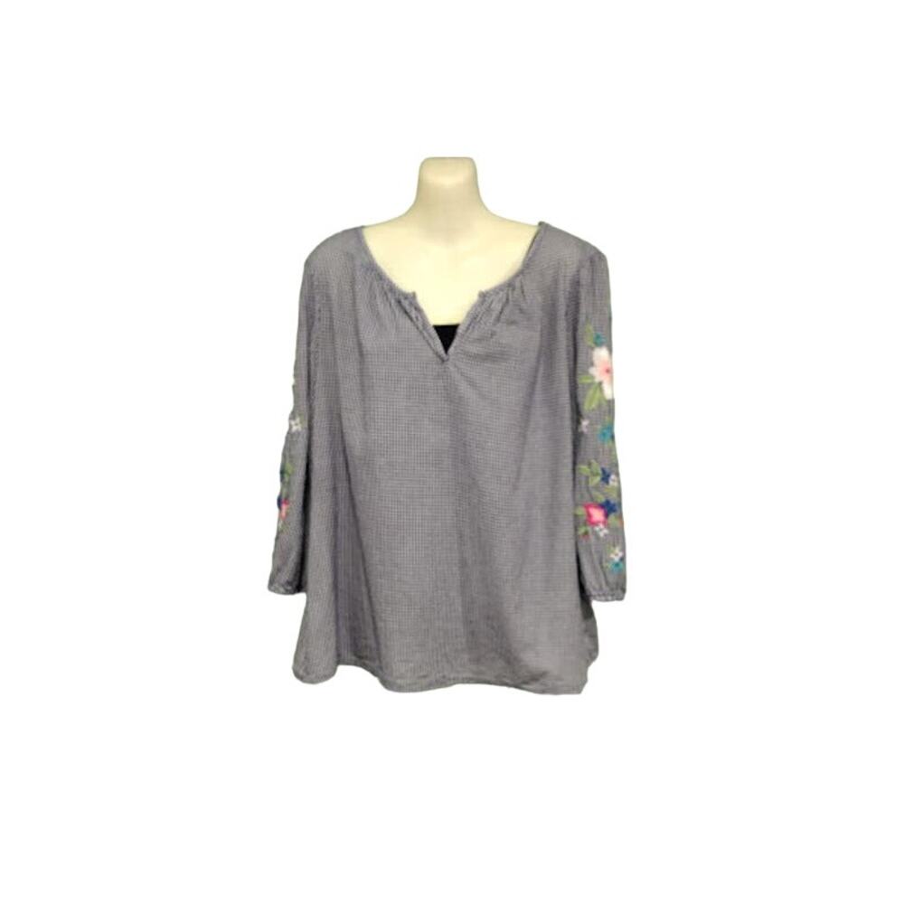 Liz Claiborne Gingham Top with Embroidered‎ Sleeves, Navy/Wht, Sz L0